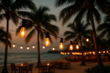 Tropical string lights with warm amber glow and coastal vacation atmosphere for summer hospitality themes