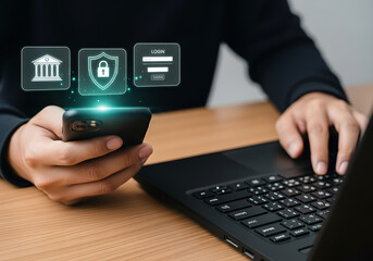 Person using smartphone and laptop for online banking and security with digital icons representing finance and protection