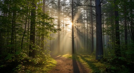 Fototapeta premium Sunlight filtering through a mystical forest path creating a serene natural landscape.
