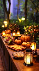 Autumn-themed outdoor gathering with pumpkins, flowers, and festive foods illuminated by lanterns