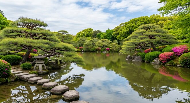 Tranquil japanese garden scene featuring serene pond stone path and meticulously pruned trees