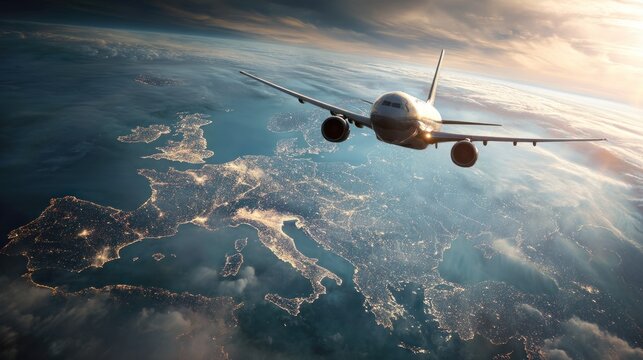 Airplane above europe at sunrise
