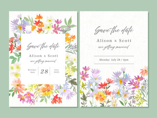 Wedding invitation card design set with abstract wild flowers. card template set with hand painted elegant flowers. Vector files.