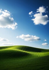 Fototapeta premium Serene landscape of gently rolling green hills under a vibrant blue sky scattered with fluffy white clouds. Peaceful and idyllic natural scenery.