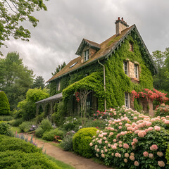 english country house with flowers