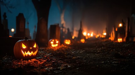 Spooky jackolanterns glowing in a graveyard at night, creating a haunting halloween atmosphere with eerie light