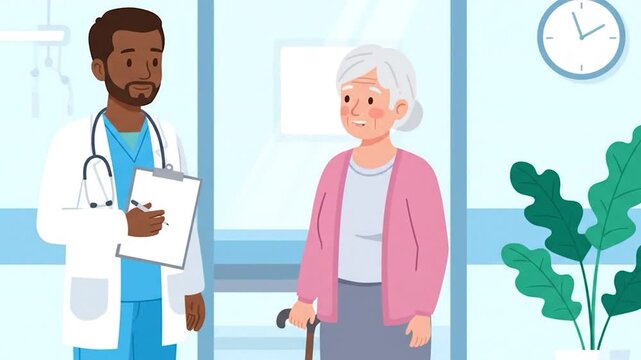 Clean 2D Animation of an Elderly Woman and a Doctor in a Hospital Room
