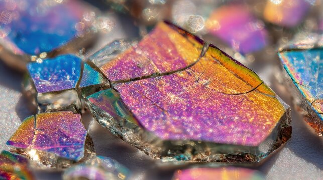 Closeup Broken Glass Iridescent Pieces