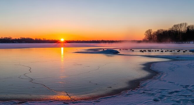 A winter landscape showing a frozen lake at sunrise, with ice formations, snow-covered shore, distant trees, and a flock of birds.