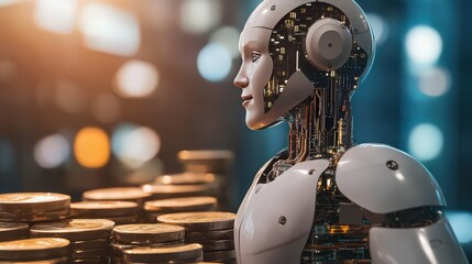 A humanoid robot stands near a stack of gold coins, symbolizing the future of finance and automation