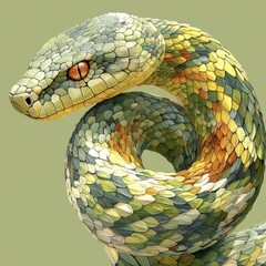 Fototapeta premium Vibrant snake coiled, showcasing intricate scales and piercing gaze against a soft background.