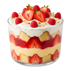 A trifle dessert in a clear glass bowl layers of cake custard fruit jelly and whipped cream topping on white or transparent background
