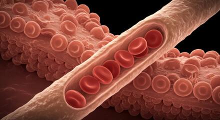 Red Blood Cells Flowing Through a Blood Vessel, Microscopic View