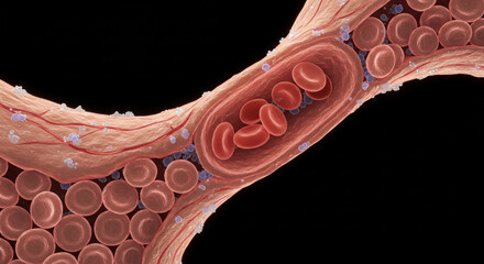 Red Blood Cells Flowing Through A Blood Vessel, Medical Illustration