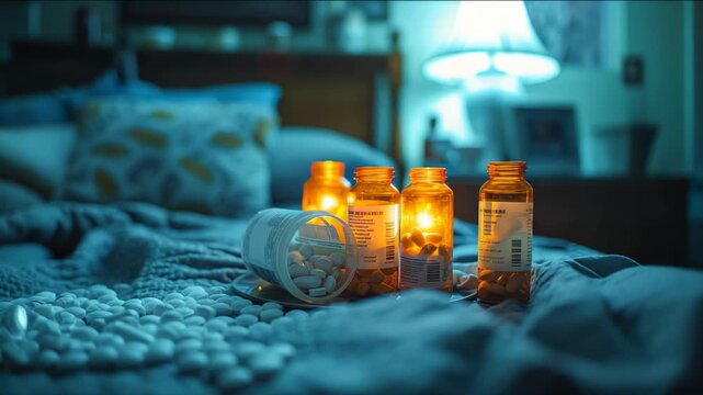 Multiple amber medicine bottles and white pills on bed in dark bedroom
