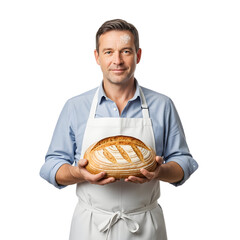 Baker wearing apron holds loaf of bread flour on forehead on white or transparent background