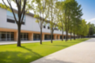 Fototapeta premium Blurry photo of a large school yard filled with green plants with a modern school building nearby, showing a cool school atmosphere, blurry school wallpaper.