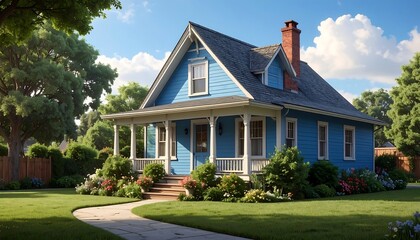 A charming, light-blue house with a welcoming front porch, nestled amidst lush landscaping and mature trees, bathed in the warm glow of a sunny day.