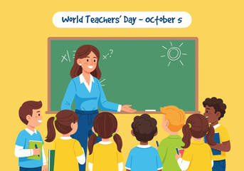 vector illustration of a female teacher with a diverse group of students in a classroom for a World Teachers' Day celebration.