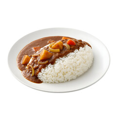 Japanese curry rice curry over rice with potatoes onions and carrots on a white plate on white or transparent background
