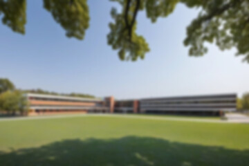 Blurry photo of a large school yard filled with green plants with a modern school building nearby, showing a cool school atmosphere, blurry school wallpaper.