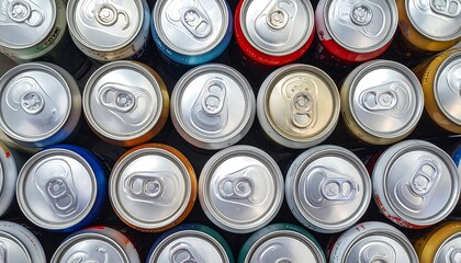 Colorful aluminum beverage cans stacked tightly together, displaying diverse colors and reflective tops.