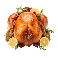 Roasted whole turkey garnished with cranberries and lemon isolated on transparent background
