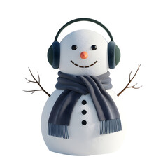 Snowman with branches for arms, wearing scarf and earmuffs isolated on transparent background
