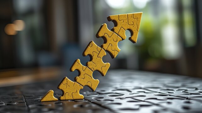 Puzzle pieces forming an upward arrow, symbolizing growth and progress.