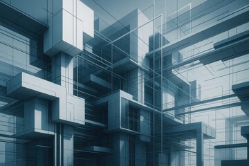 Abstract digital architecture with three-dimensional geometric elements and contemporary technological aesthetics