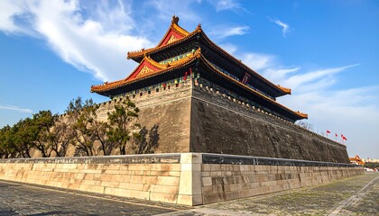 Fototapeta premium Majestic layered architecture of a historical Chinese fortification, showcasing intricate details against a vibrant clear sky.