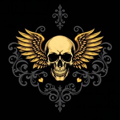 Obraz premium Golden winged skull with ornate scrollwork on black background