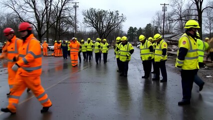 Workers in reflective gear assess storm damage on wet road after severe weather conditions