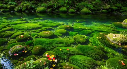 Verdant serenity: A moss-draped stream invites peaceful contemplation and connection with nature