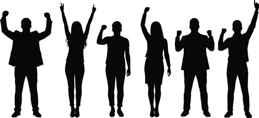 Businesspeople silhouettes celebrating success with raised fists and peace signs, symbolizing teamwork, empowerment, and achievement in corporate environmentBusinesspeople silhouettes celebrating 