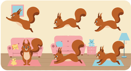 Cartoon squirrels in various poses in a room