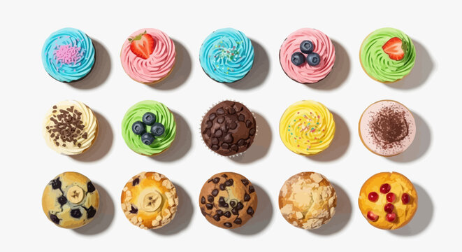 Colorful Assortment of Gourmet Cupcakes and Muffins Displayed on a Clean White Background for Bakery Promotion and Recipe Illustrations