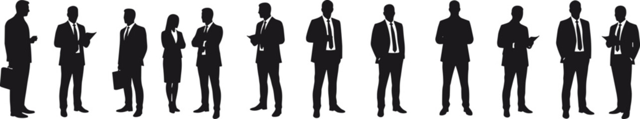 Businesspeople silhouettes standing and interacting in formal attire with briefcases, documents, and mobile devices showing professional communication