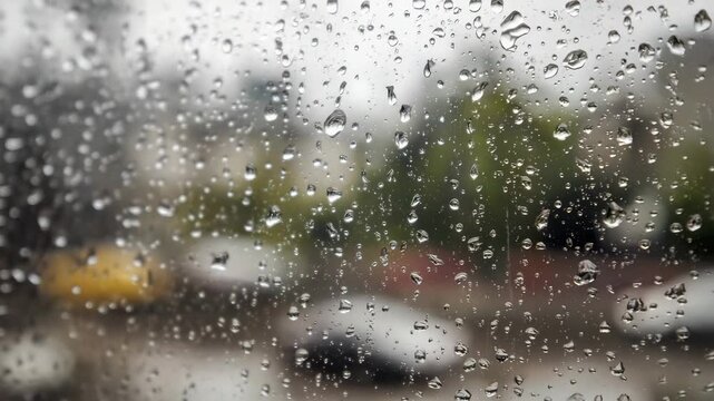 Rainy window with water droplets capturing urban scenery and blurred cityscape