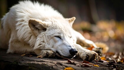 Obraz premium Sleepy white wolf resting on a rock