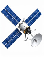 Satellite with Four Blue Solar Panels on White Background