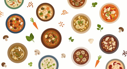 Fototapeta premium Assorted Soup Bowls Illustration, Seamless Pattern of Various Soup Recipes. Perfect for Restaurant Menus, Food Blogs, Culinary Websites, or Recipe Backgrounds.