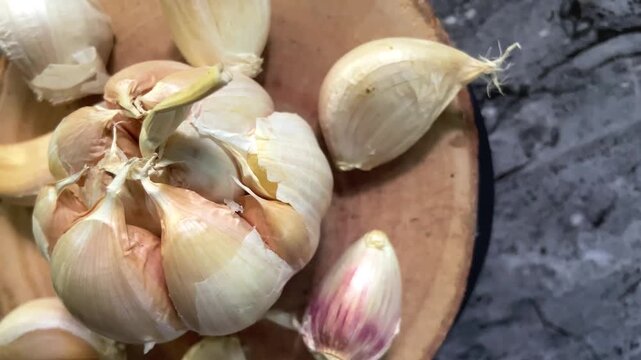 Garlic bulbs. Fresh garlic on the wooden table