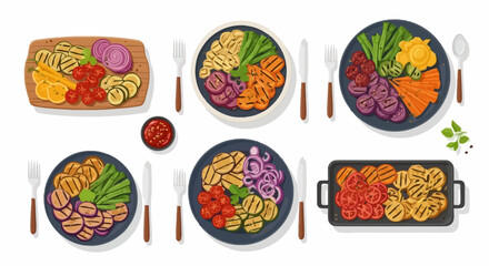 Assortment of Colorful Grilled Vegetable Dishes and Serving Plates for Culinary Presentation and Healthy Eating Promotion in Food and Restaurant Design