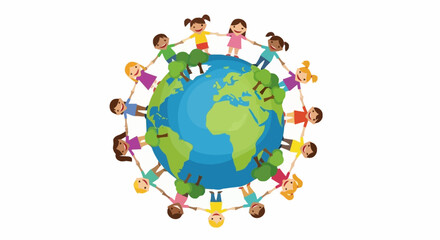 Global Harmony Illustration Featuring Diverse Children Holding Hands Around the Earth. Depicts unity, peace, and diversity for educational and social awareness campaigns.