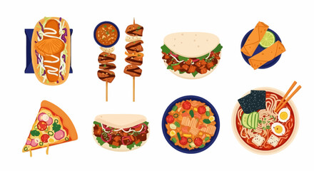 Diverse Asian Cuisine Illustration Featuring Authentic Street Food and Traditional Dishes for Culinary Blogs and Restaurant Menus