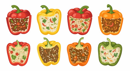 Vibrant Stuffed Bell Peppers Illustration, Diverse Fillings, Culinary Delights, Suitable for Cookbook Illustrations and Recipe Websites, Promoting Healthy Eating