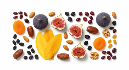 Assortment of Dried Fruits and Nuts arranged Artistically on White Surface. Ideal for showcasing healthy eating, snack options, or culinary ingredient photography.