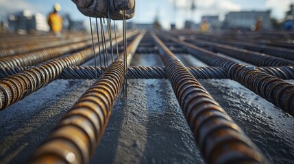 Construction worker installing rebar on a construction site