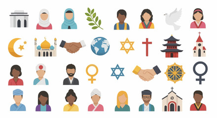 Diverse Icon Set Representing Global Religions, Cultures, and Unity for Promoting Interfaith Dialogue and Social Harmony in Educational and Awareness Campaigns